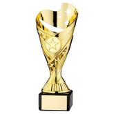 GOLD PLASTIC 'SABRE' CUP ON BLACK MARBLE ASSEMBLED TROPHY (1" CEN) - 7.25in